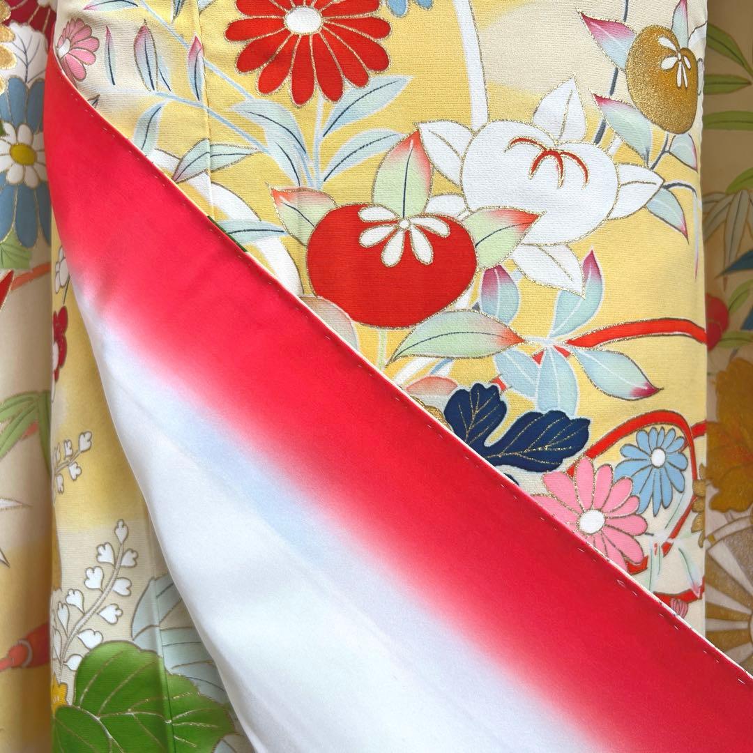 447 振袖フルセット 正絹 クリームイエロー 手描き 金彩 暈し染め レトロ