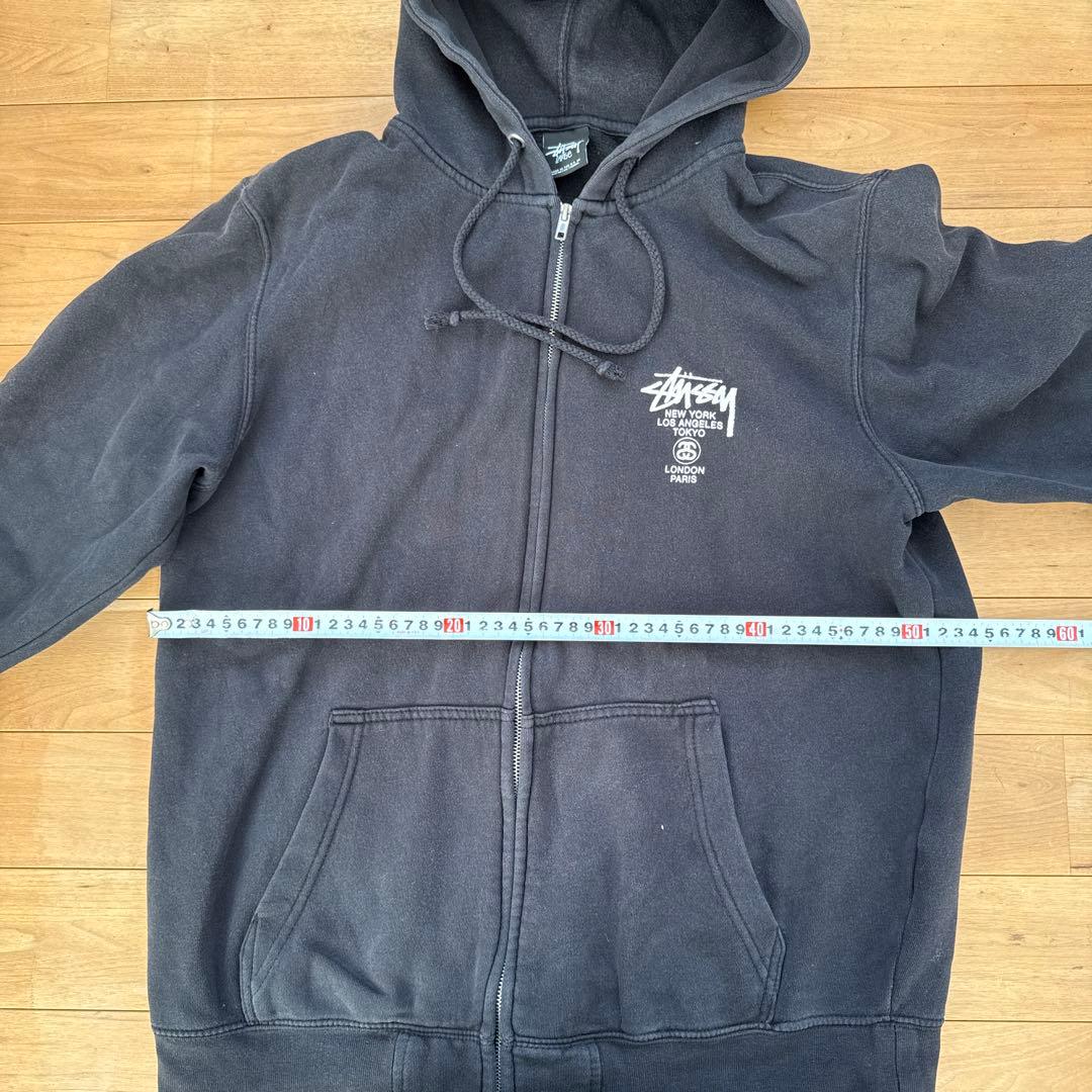 stussy ジップアップパーカー　ワールドツアー　ブラック　L フーディ　黒