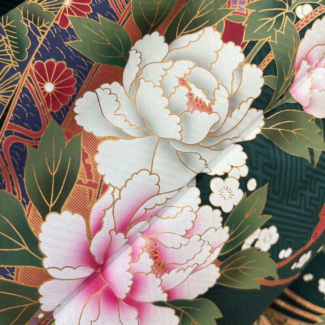 387 振袖フルセット 正絹 深緑 グリーン 金彩 暈し染め ゆったり XL