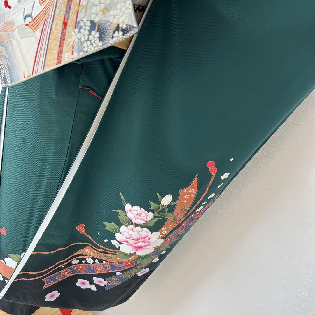 387 振袖フルセット 正絹 深緑 グリーン 金彩 暈し染め ゆったり XL
