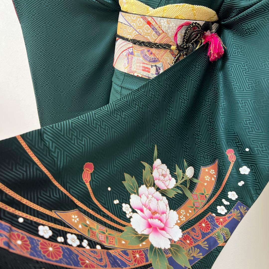 387 振袖フルセット 正絹 深緑 グリーン 金彩 暈し染め ゆったり XL