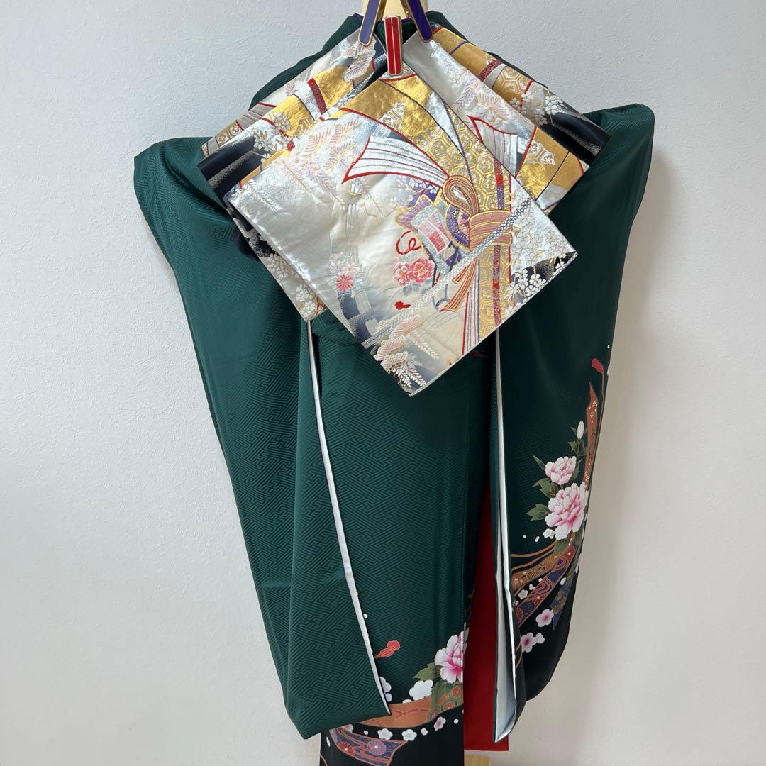 387 振袖フルセット 正絹 深緑 グリーン 金彩 暈し染め ゆったり XL