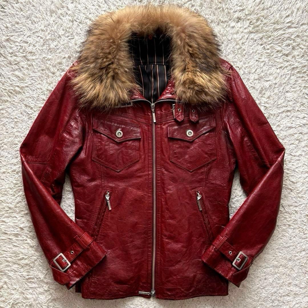 ★本革 Lサイズ★ A.S.M ライダース ダブルジップ ラクーンファー