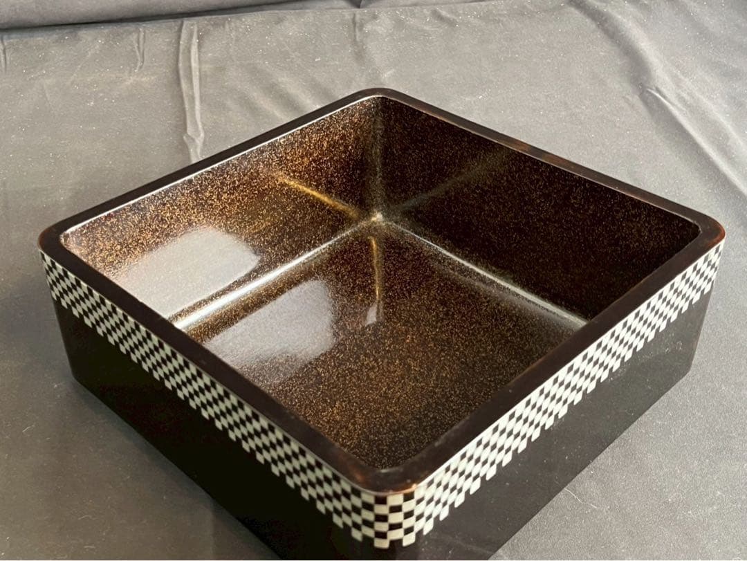 時代漆器 市松蒔絵 黒塗 内梨地 五段重箱 二枚蓋 合蓋三枚付 共箱 / 輪島塗