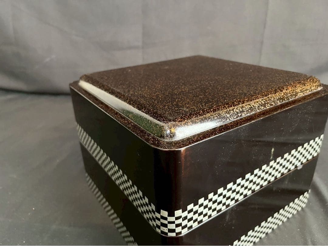 時代漆器 市松蒔絵 黒塗 内梨地 五段重箱 二枚蓋 合蓋三枚付 共箱 / 輪島塗