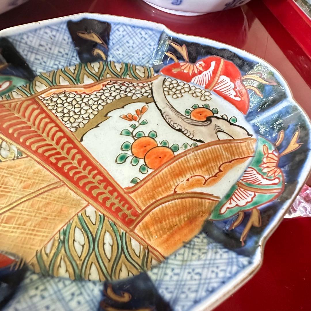 I様へ感謝お嫁入り‼️伊万里錦手若松＆橙＆ふきよせ兜形刺身皿 十字模様なし6客