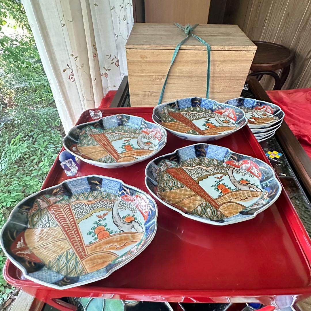 I様へ感謝お嫁入り‼️伊万里錦手若松＆橙＆ふきよせ兜形刺身皿 十字模様なし6客