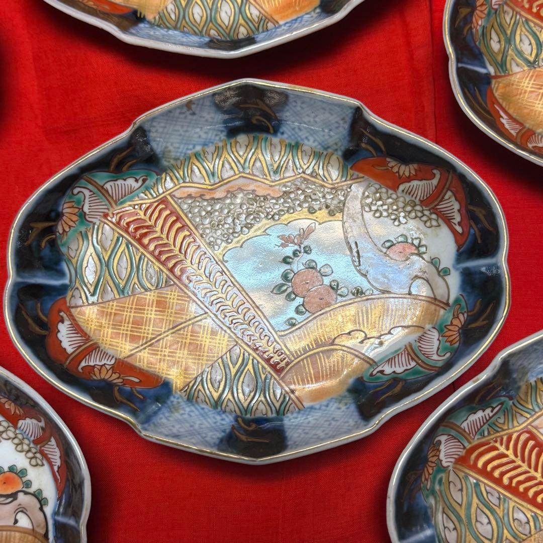 I様へ感謝お嫁入り‼️伊万里錦手若松＆橙＆ふきよせ兜形刺身皿 十字模様なし6客