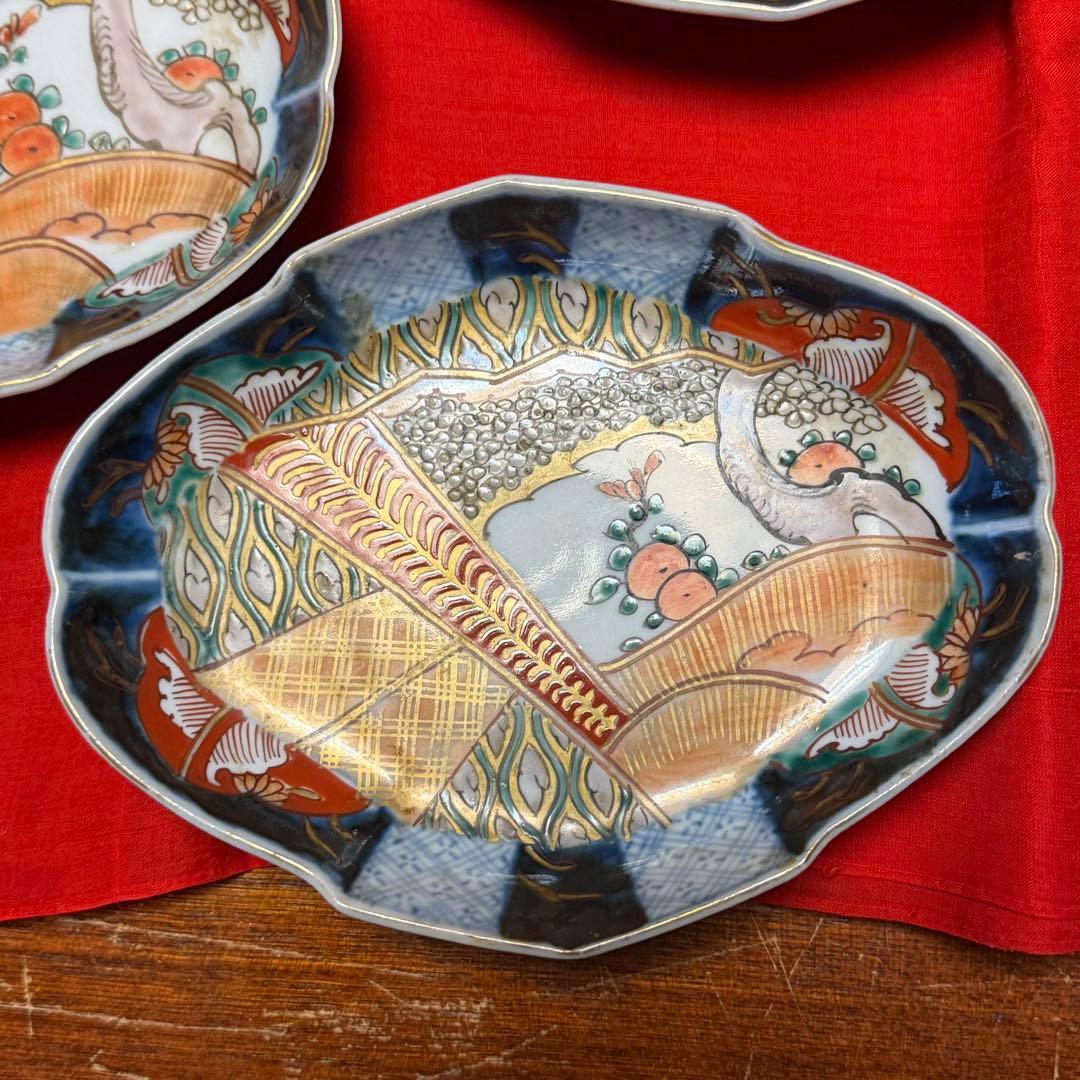 I様へ感謝お嫁入り‼️伊万里錦手若松＆橙＆ふきよせ兜形刺身皿 十字模様なし6客