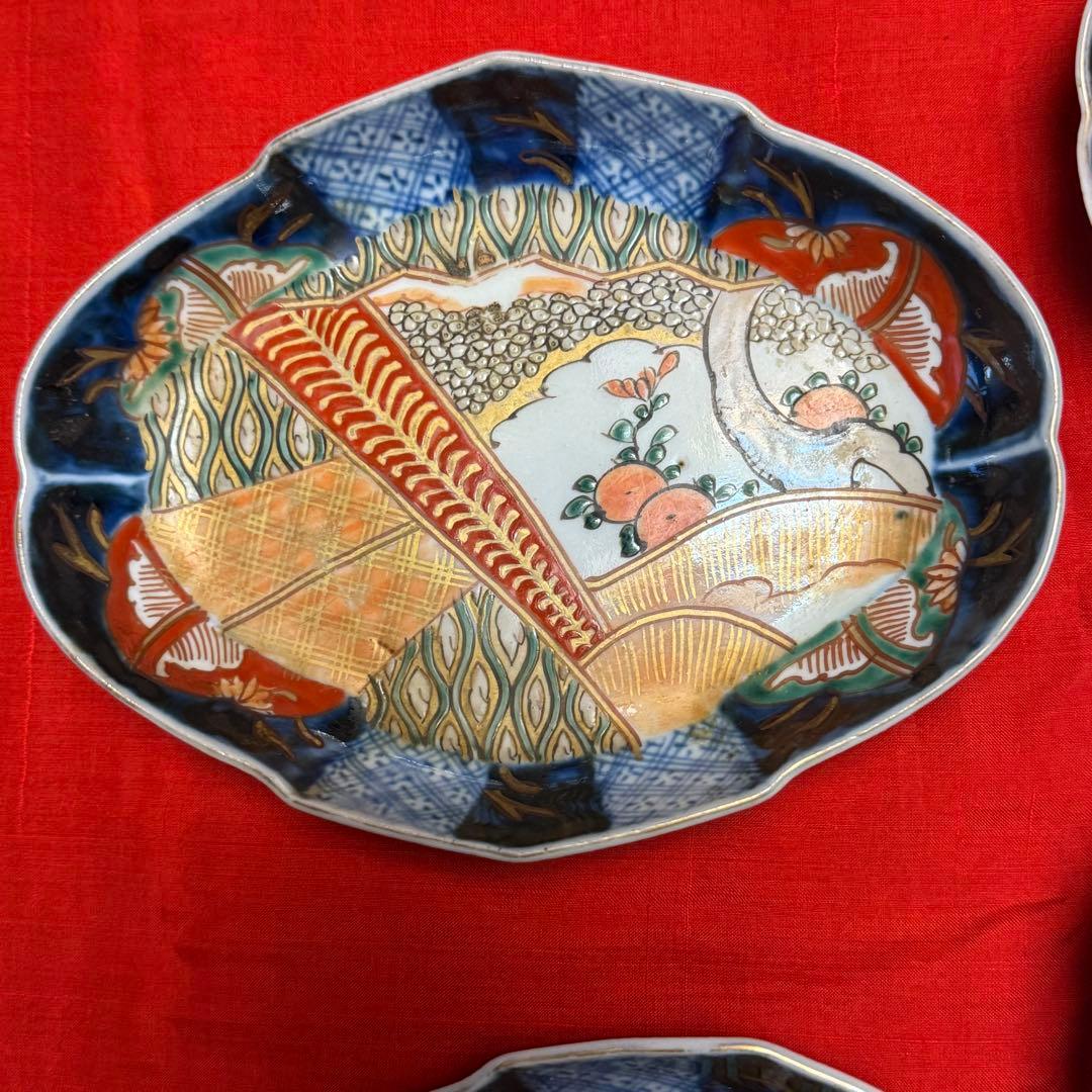 I様へ感謝お嫁入り‼️伊万里錦手若松＆橙＆ふきよせ兜形刺身皿 十字模様なし6客