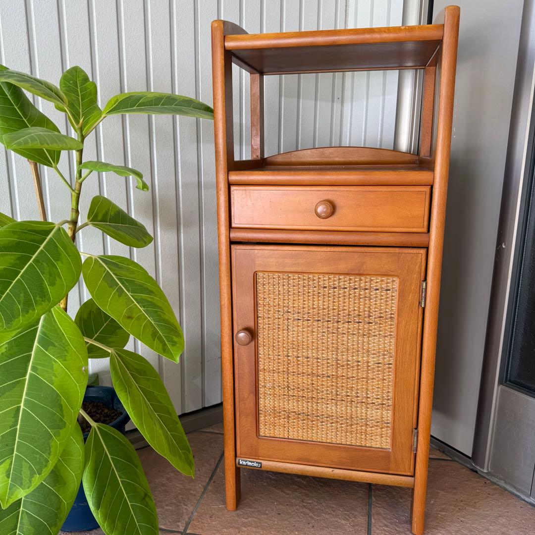 カリモク　ラタン　木製電話台・ファックス台 引き出し付き