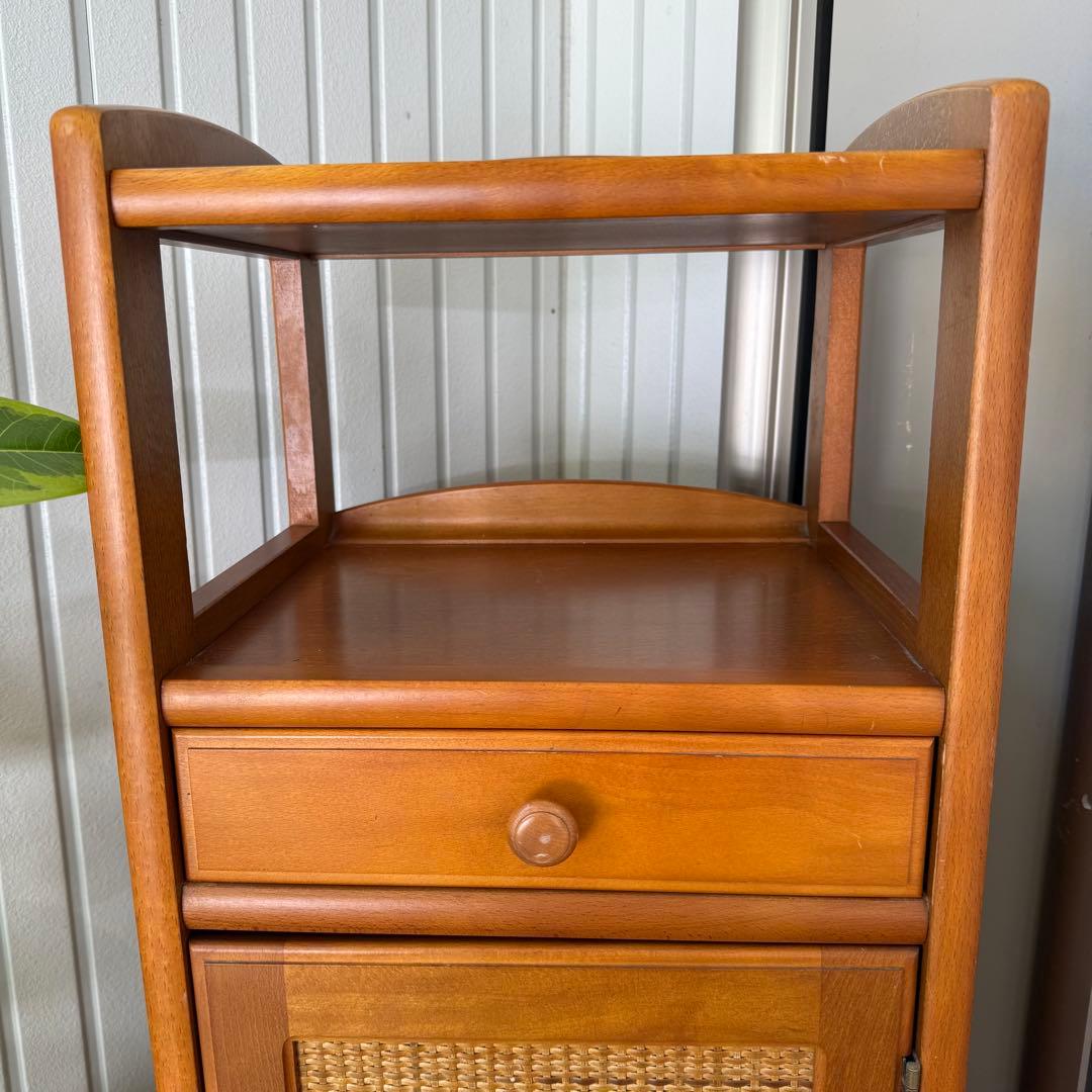 カリモク　ラタン　木製電話台・ファックス台 引き出し付き