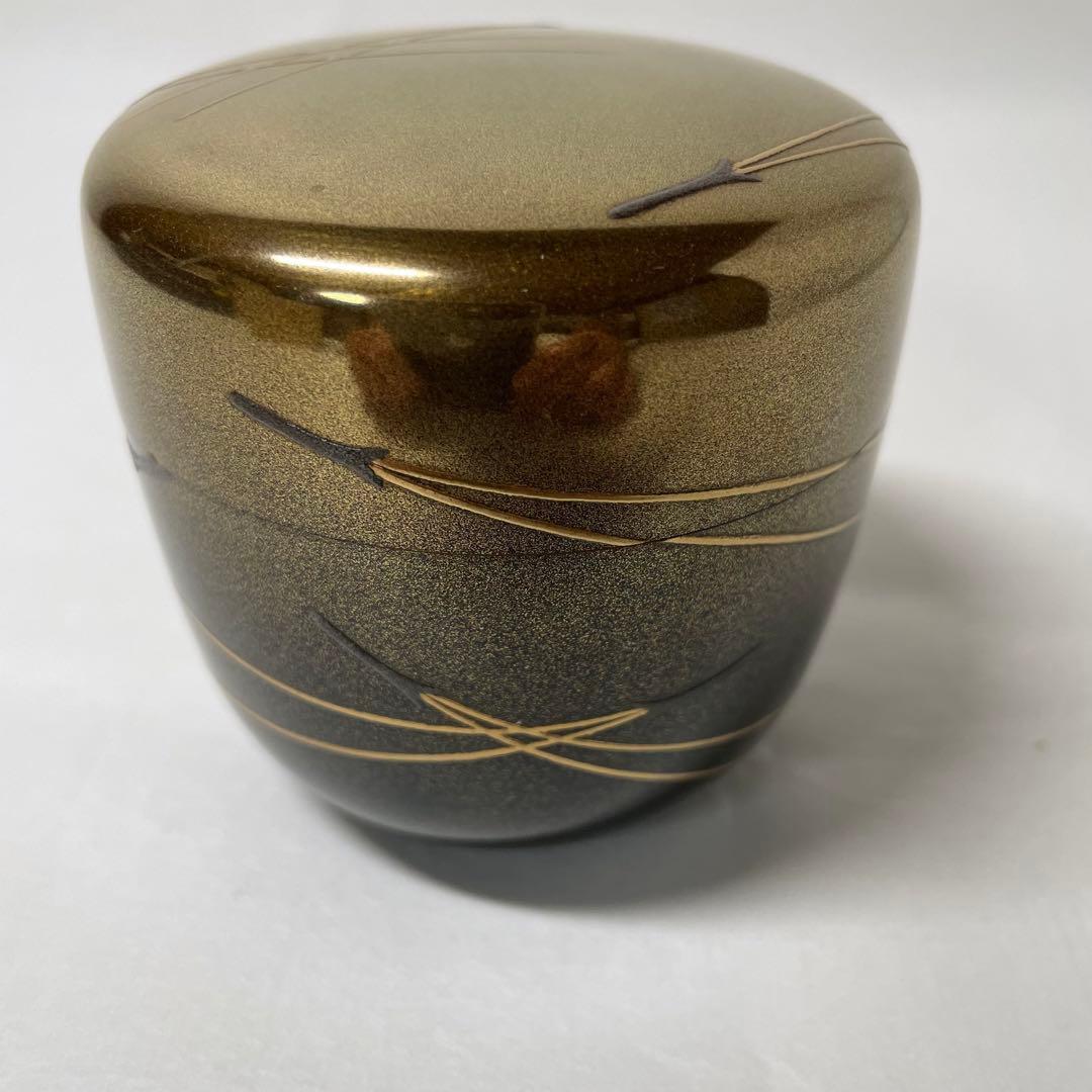 FD20 井筒鳳斎　甲金地　松葉蒔絵大棗　縁金　二四高