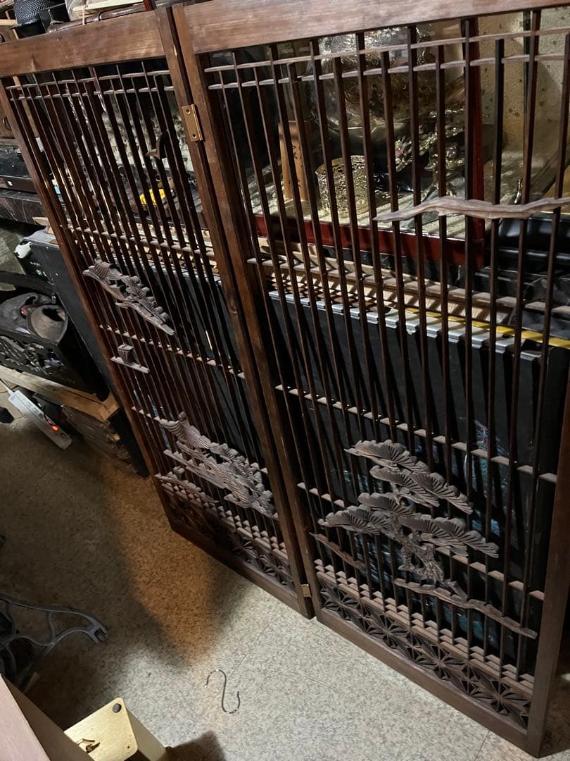 木製の彫刻障子、珍品障子、美しい障子、松の木や船、和室、衝立、風炉先 山水障子