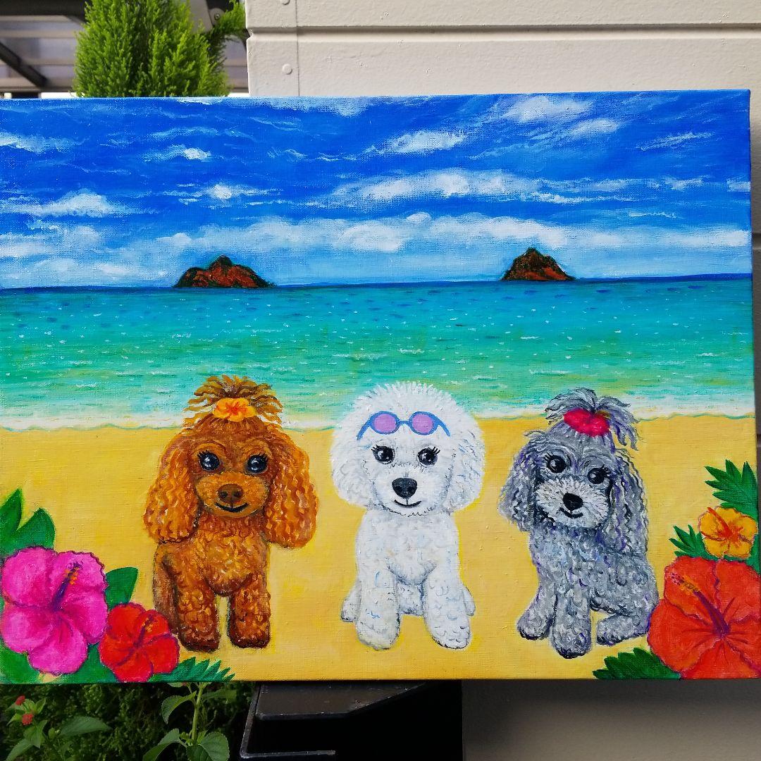 油絵　マミ ラニカイビーチを楽しむキュートな犬たち　大きいキャンバス