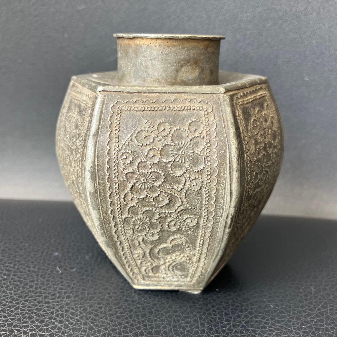 中国美術 茶道具 錫製 茶葉入れ 點銅 古錫製 六角大茶入茶壷