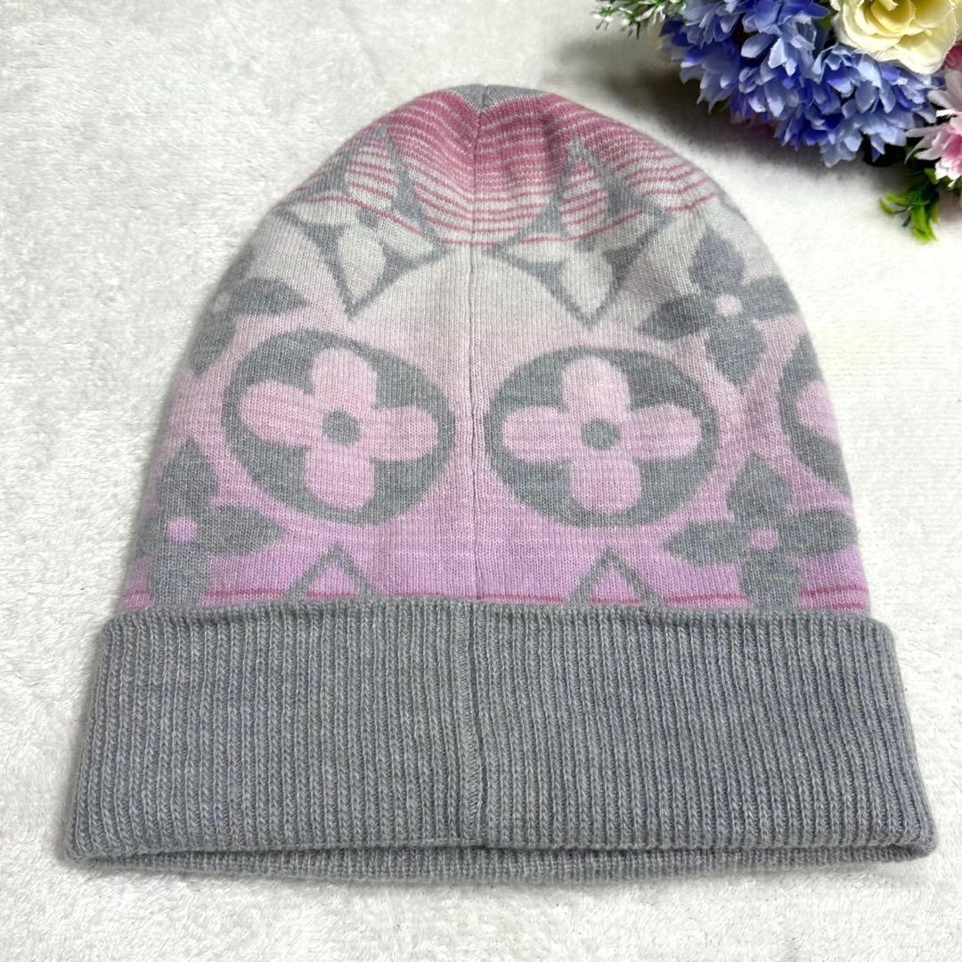 極美品★ルイヴィトン ニット帽　カシミヤ混 帽子 ロゴデザイン ピンク　グレー
