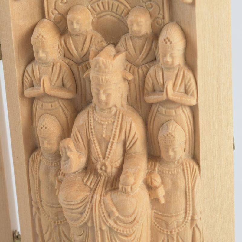 仏教美術　柘植彫刻　諸尊仏龕　三開仏　仏像　木箱付　N　9423