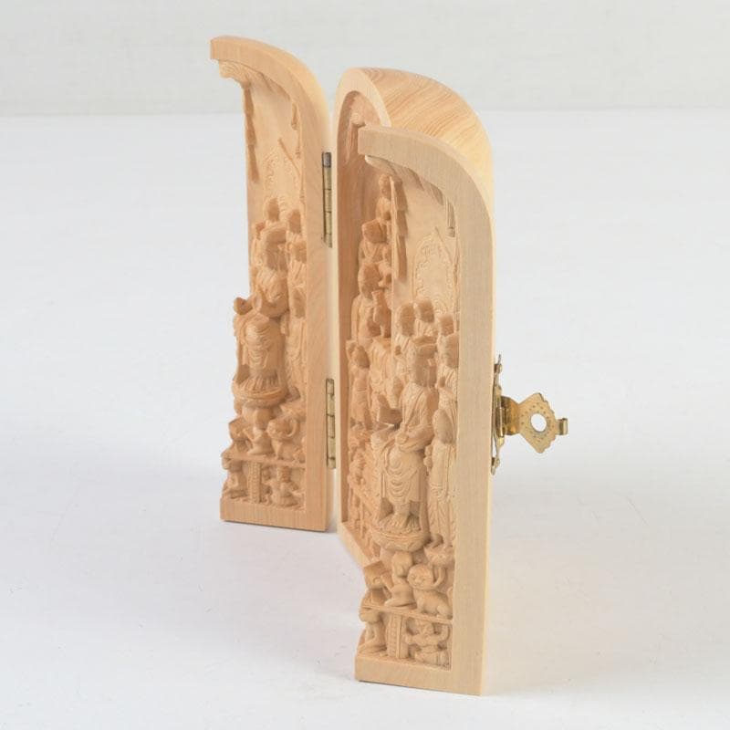 仏教美術　柘植彫刻　諸尊仏龕　三開仏　仏像　木箱付　N　9423