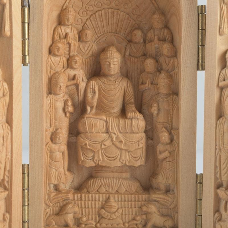 仏教美術　柘植彫刻　諸尊仏龕　三開仏　仏像　木箱付　N　9423