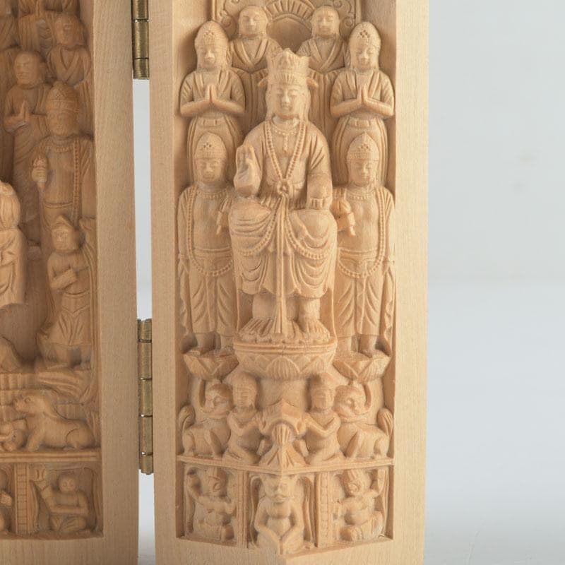 仏教美術　柘植彫刻　諸尊仏龕　三開仏　仏像　木箱付　N　9423