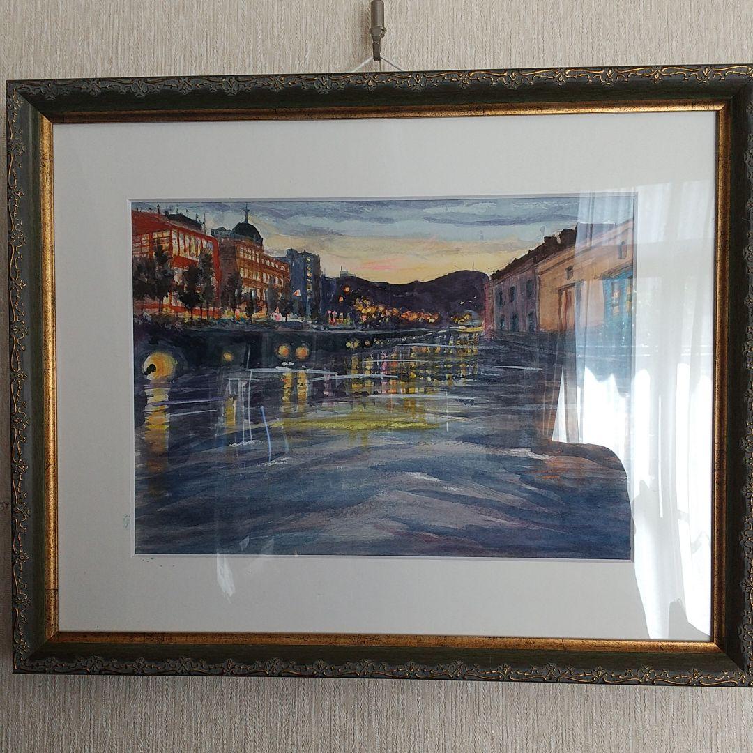 小樽運河夜景 水彩画   (F4)