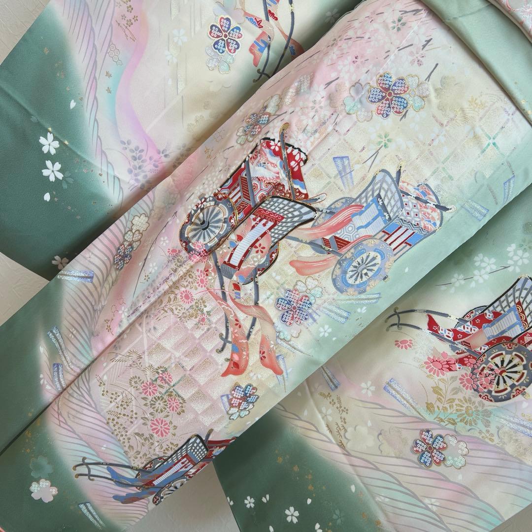 457 振袖フルセット 正絹 緑 グリーン ピンク 桃 金彩 駒刺繍 暈し染め