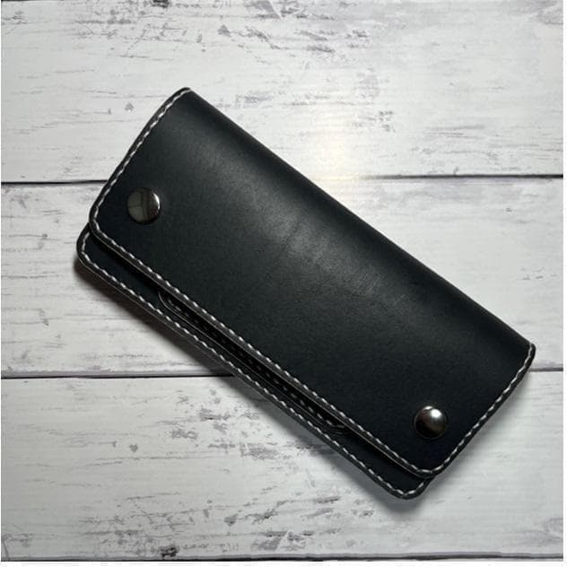 まーくん ロングトラッカーウォレット/姫路レザー茶芯黒色/ステッチ白色