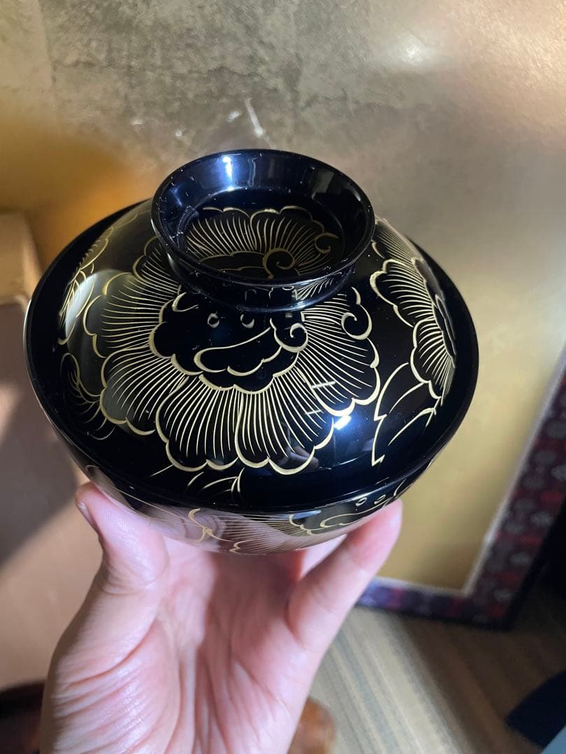 美品　未使用 高級輪島塗 わじま　市中泰三漆器店　黒漆沈金 吸物椀5客