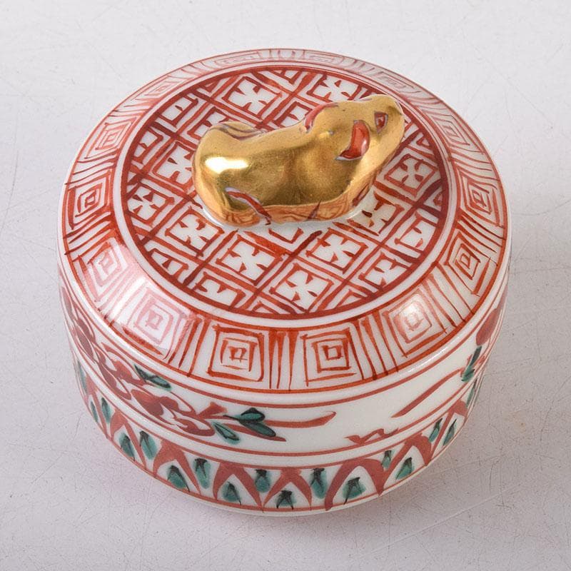 茶道具　京焼　平安　高野昭阿弥造　赤絵金彩　干支丑香合　共箱　V　8003