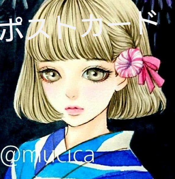 ポストカード 《 花火と浴衣 》オリジナル 手描きイラスト