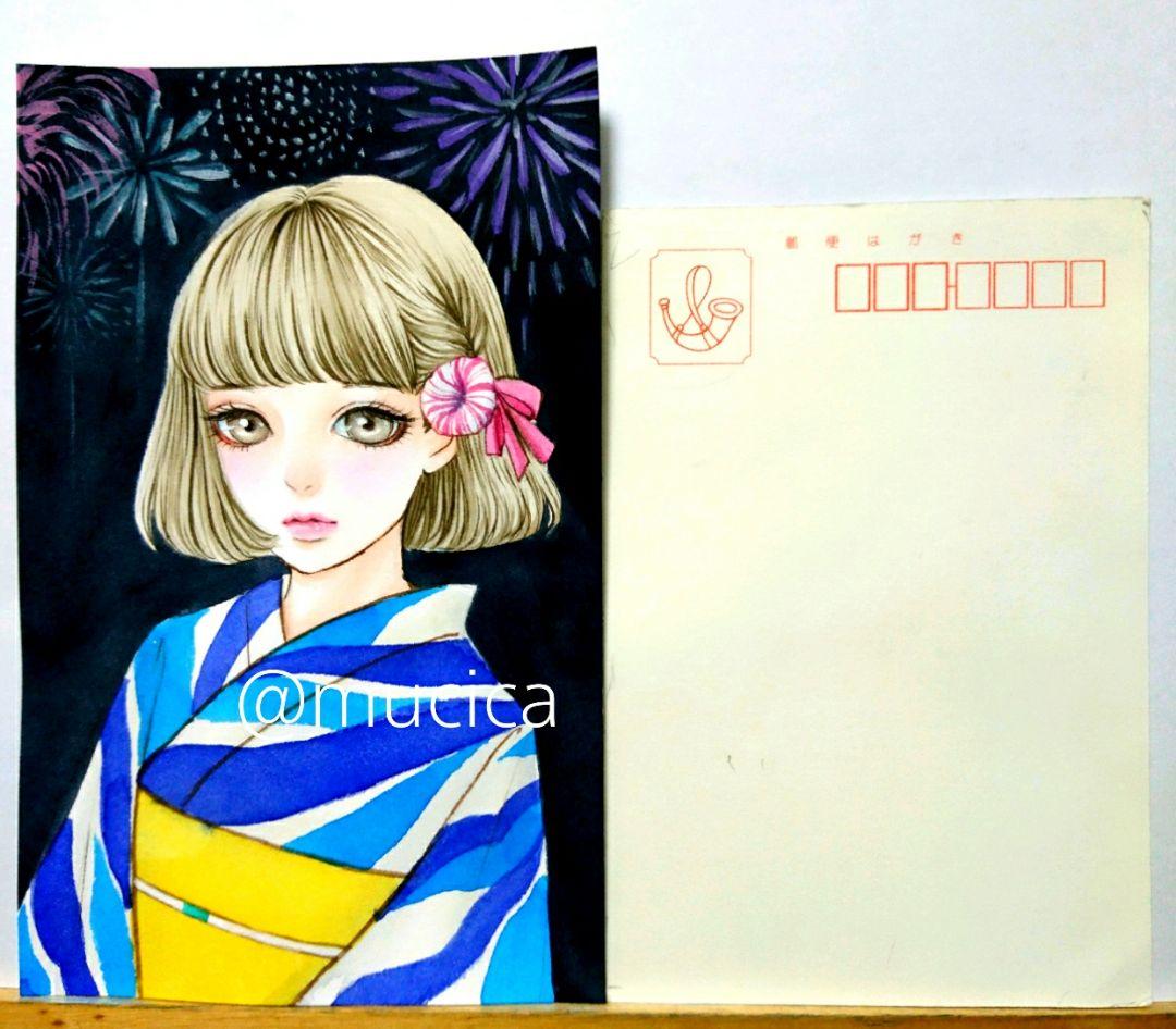 ポストカード 《 花火と浴衣 》オリジナル 手描きイラスト