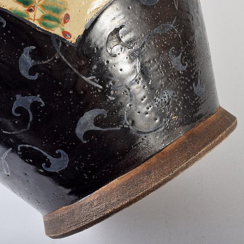 薩摩焼　古薩摩　色絵金彩　扇窓絵鳳凰獅子花文瓶　壷　高さ約45㎝　UR7915B