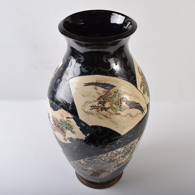 薩摩焼　古薩摩　色絵金彩　扇窓絵鳳凰獅子花文瓶　壷　高さ約45㎝　UR7915B