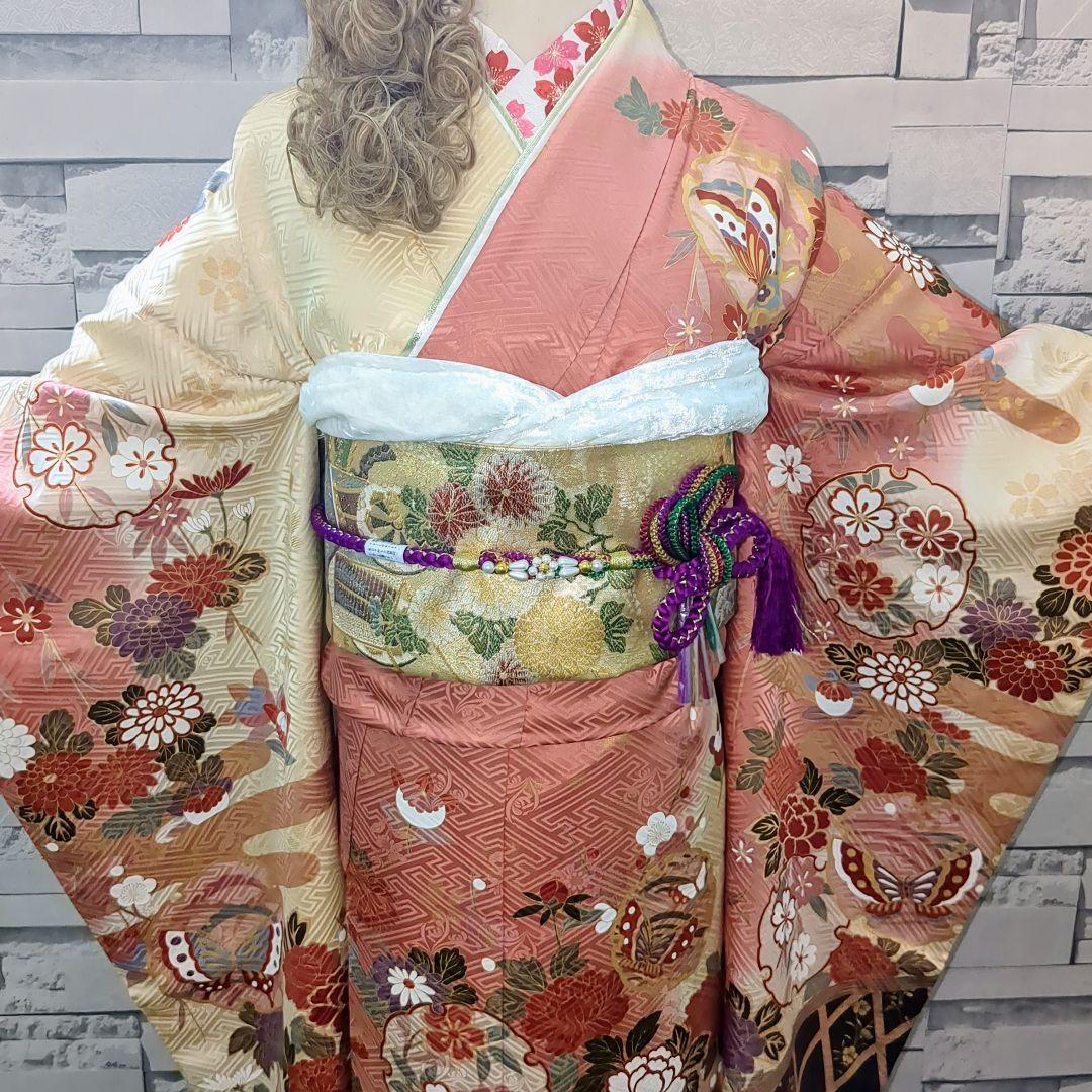振袖セット 振袖フルセット 駒刺繍 雪輪花蝶文 金彩 ピンク系×クリーム 50