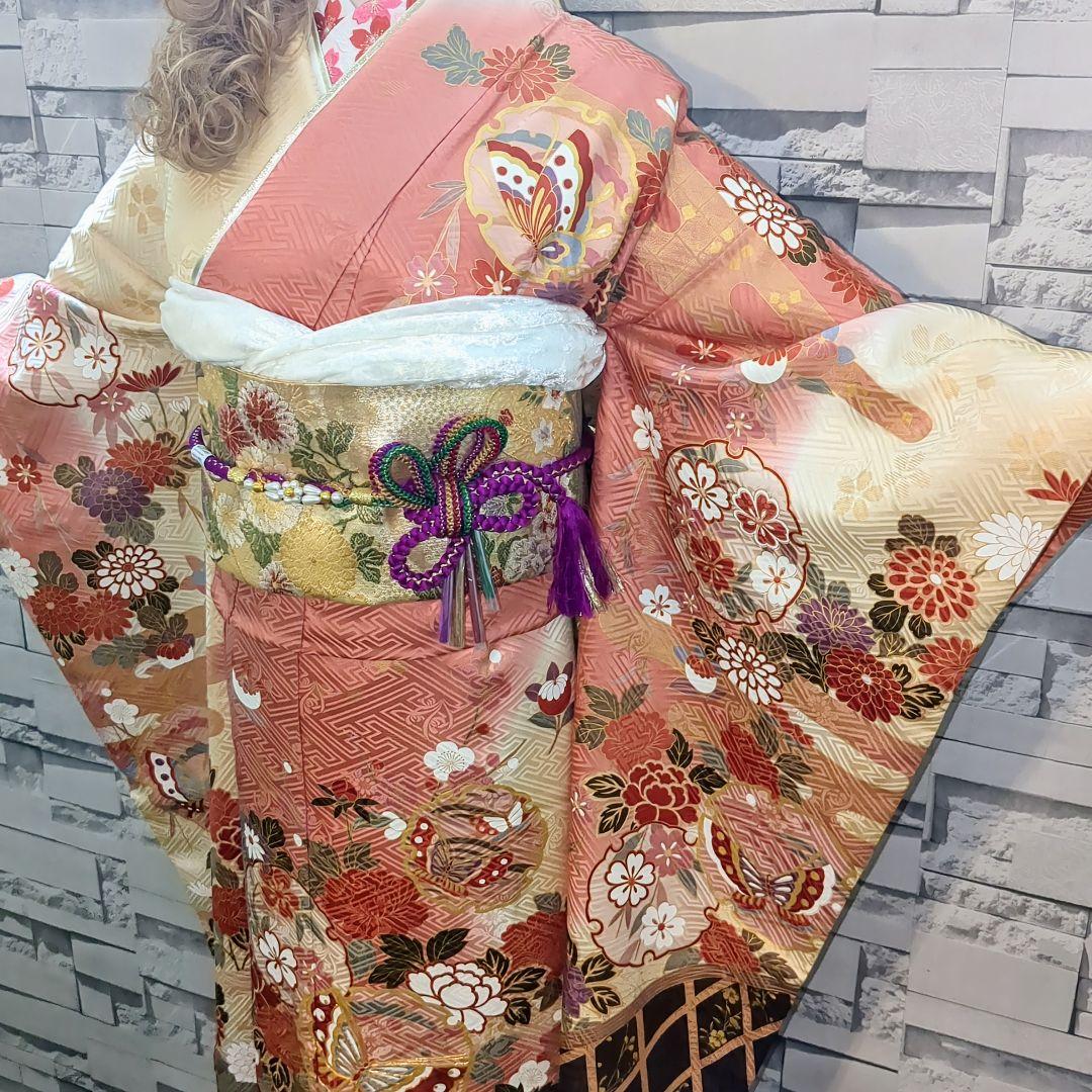 振袖セット 振袖フルセット 駒刺繍 雪輪花蝶文 金彩 ピンク系×クリーム 50