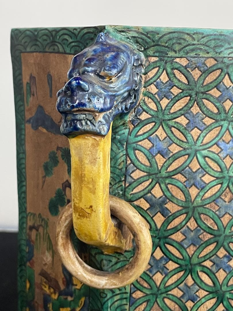 希少 古九谷 青九谷 青手 香炉 角福 1800年 香炉 鳳凰 獅子 吉田屋