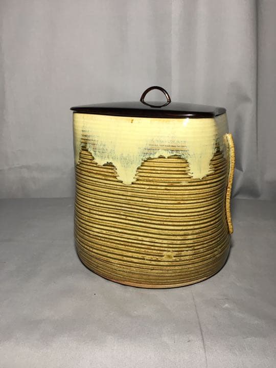 【茶道具】阿漕焼 福森比路志作　比路志造 高取四方耳付水指 水指109