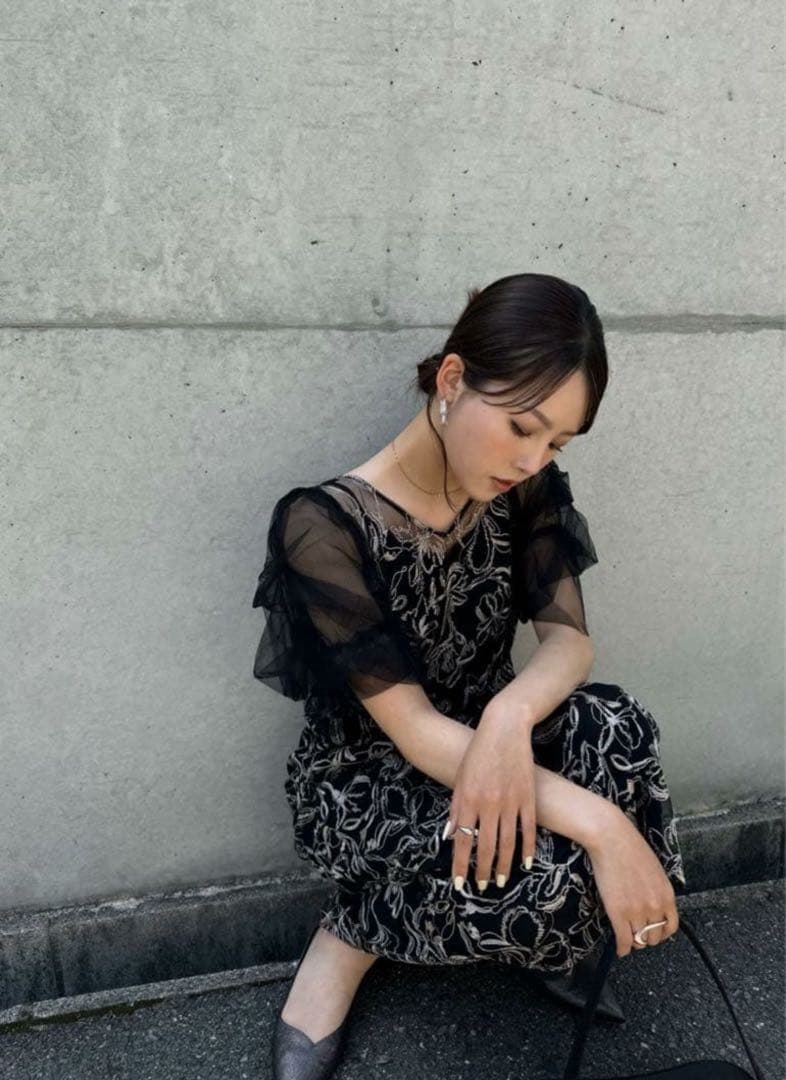 新品 リルアー　刺繍入りフリル袖ロングドレス