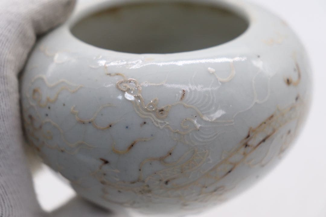 中国　明時代　白釉雙龍紋三足香炉　送料込み250107