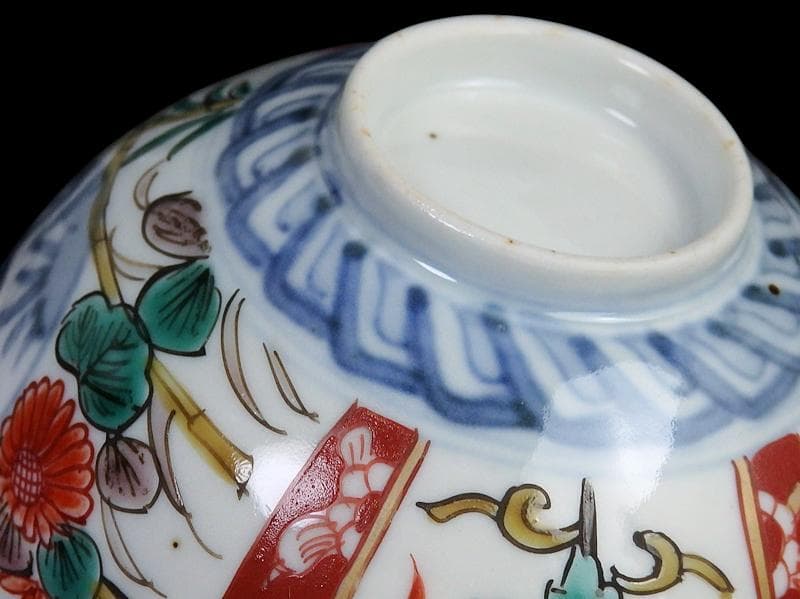 古伊万里　色絵　桐に鳳凰　丸紋に菊の図　蓋茶碗　４客　D200AS-fbut