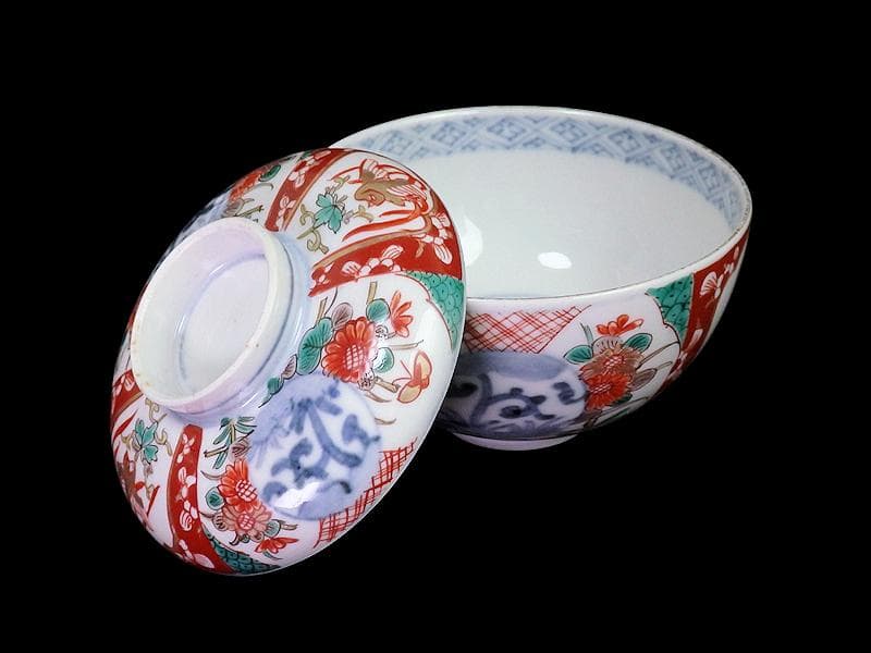 古伊万里　色絵　桐に鳳凰　丸紋に菊の図　蓋茶碗　４客　D200AS-fbut