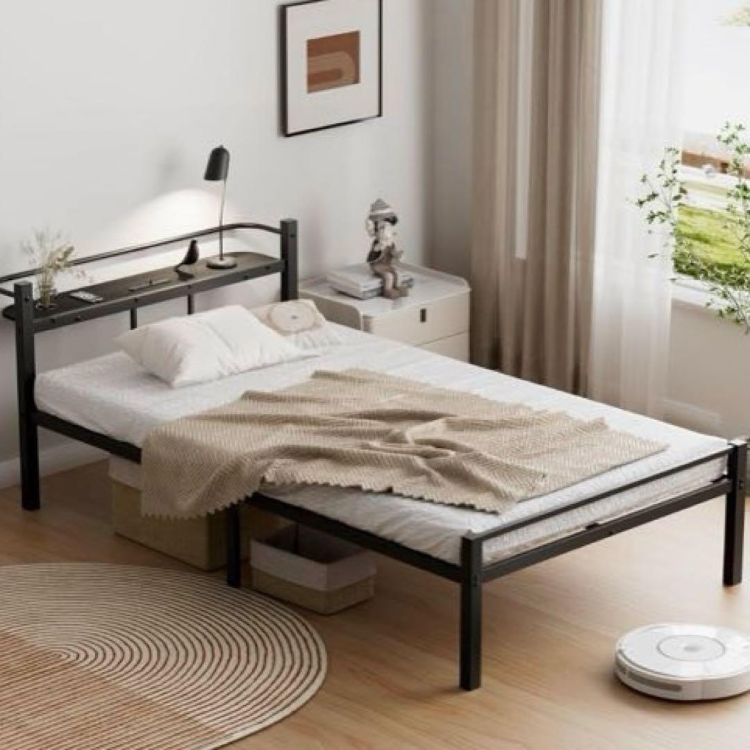 【本日限定】シングル ベッドフレーム 2口コンセント パイプベッド ブラック