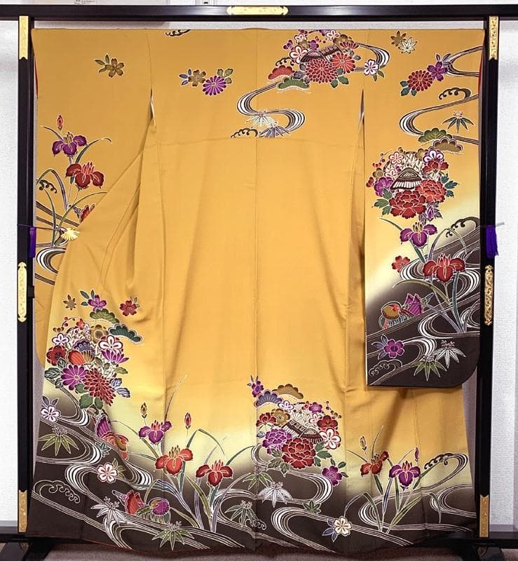 専用508z27.506y11.小物〇紅型振袖 松竹梅 オシドリ 辛子色〇美品