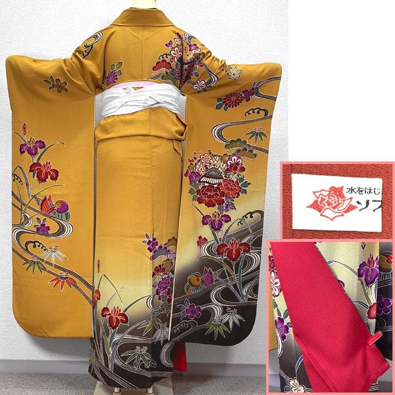 専用508z27.506y11.小物〇紅型振袖 松竹梅 オシドリ 辛子色〇美品