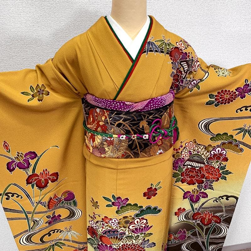 専用508z27.506y11.小物〇紅型振袖 松竹梅 オシドリ 辛子色〇美品