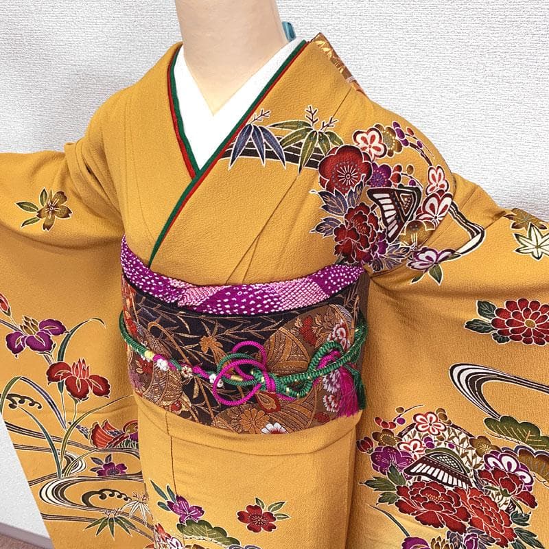 専用508z27.506y11.小物〇紅型振袖 松竹梅 オシドリ 辛子色〇美品