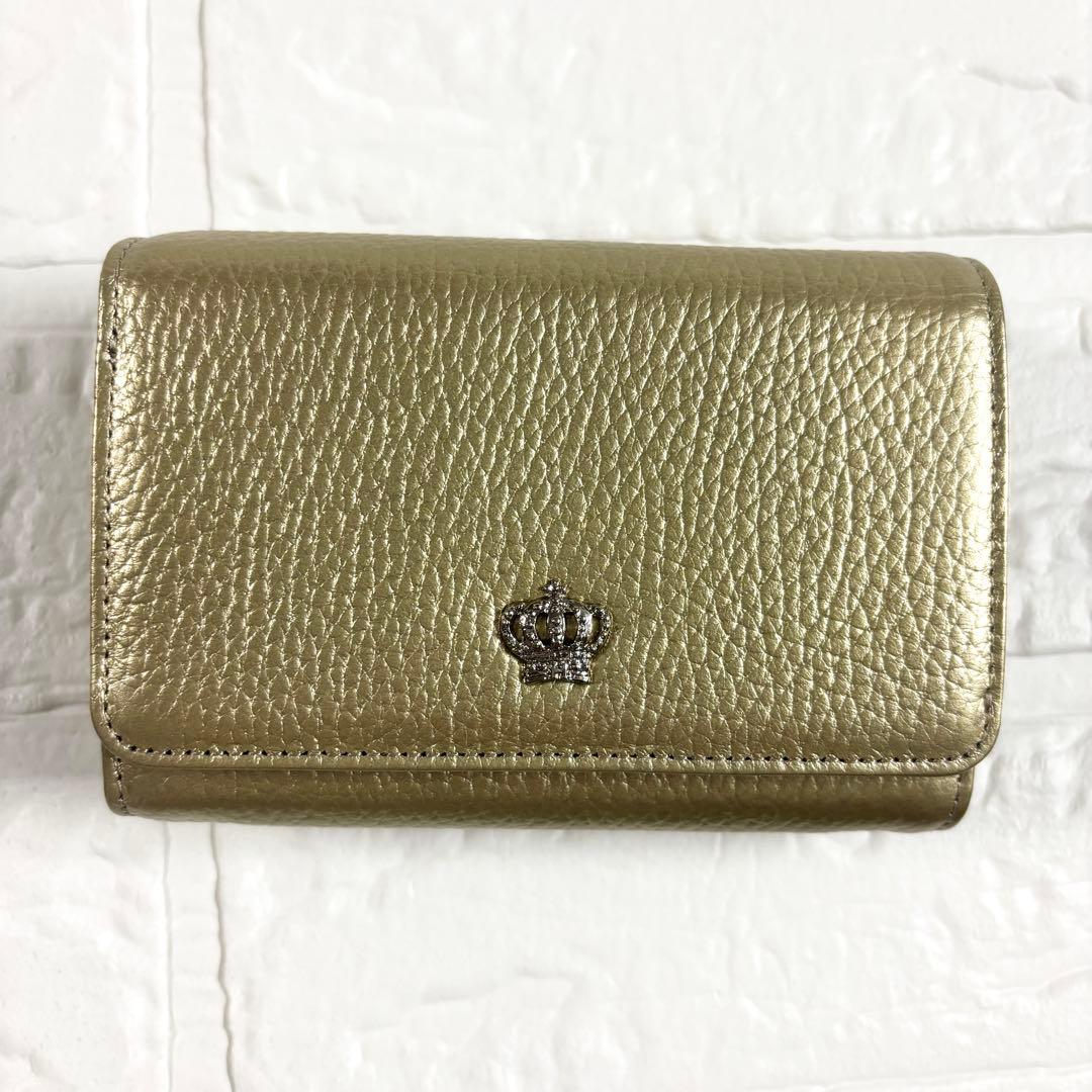 【未使用級】デンハマノ　レザー リトロ　王冠 二つ折り財布 ゴールド