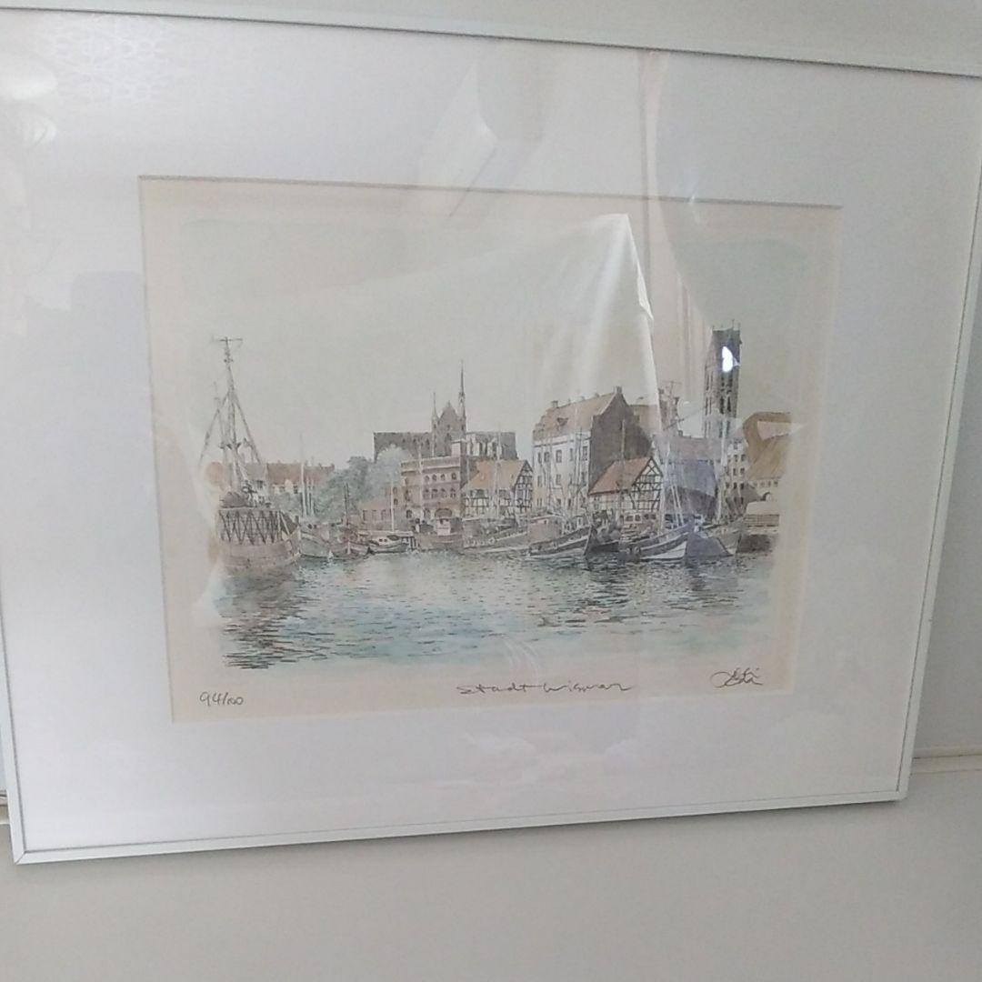 値引き中、織田義郎 絵画 94／100 ドイツ ビスマールの港 インテリア