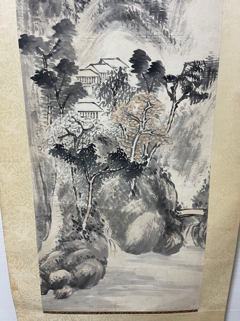 あきら◇◆日本の水墨画 山と家の風景 掛け軸